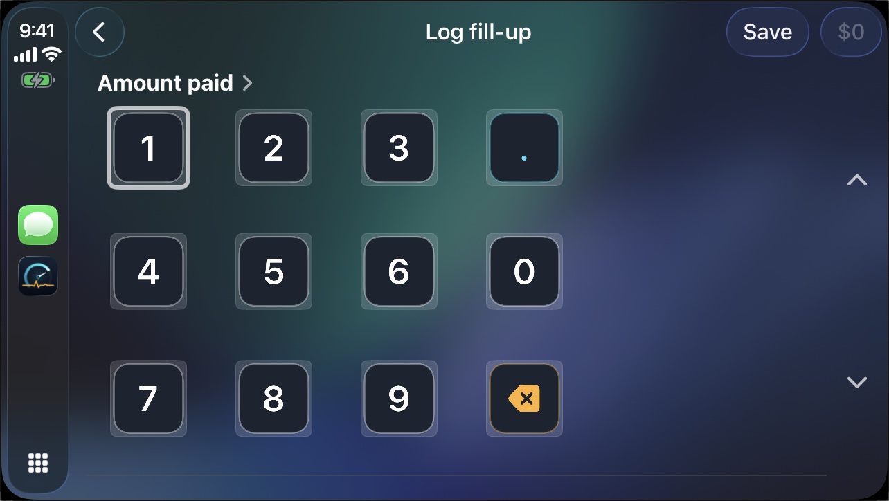 Autotab on CarPlay: logging a fill-up on a keypad