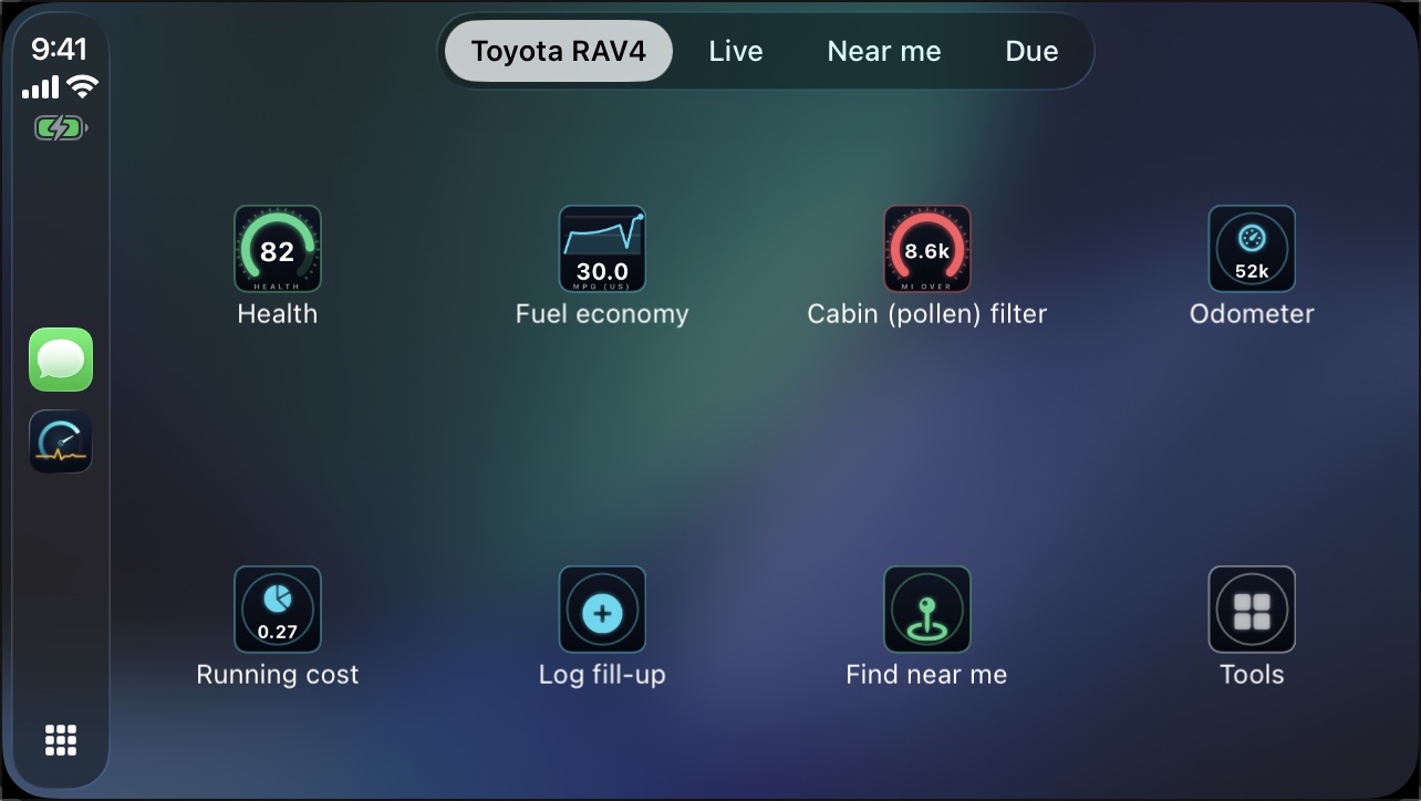 Autotab on CarPlay: Home with health, fuel economy, next service and odometer