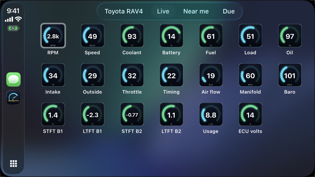 Autotab on CarPlay: live engine gauges from an OBD-II adapter